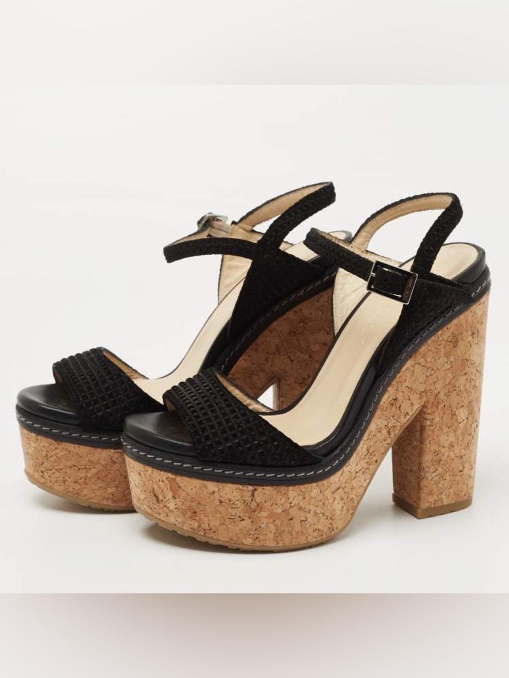 Jimmy Choo Black Textured Suede Naylor Cork Platform Sandals